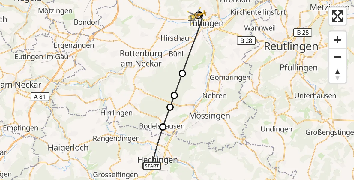 Flugroute Ambulanzhubschrauber Hechingen - Tübingen University Hospital, 15 Juni 2026, 15:53