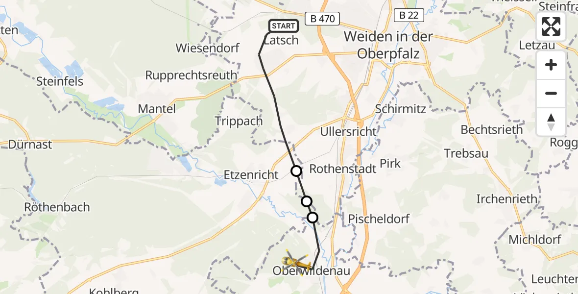 Flugroute Rettungshubschrauber Weiden i.d.OPf. - Luhe-Wildenau, 15 Juni 2026, 15:54