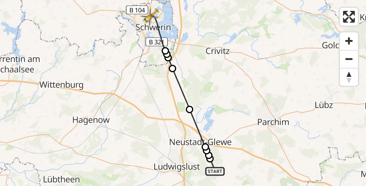 Flugroute Rettungshubschrauber Muchow - Schwerin, 15 Juni 2026, 15:58