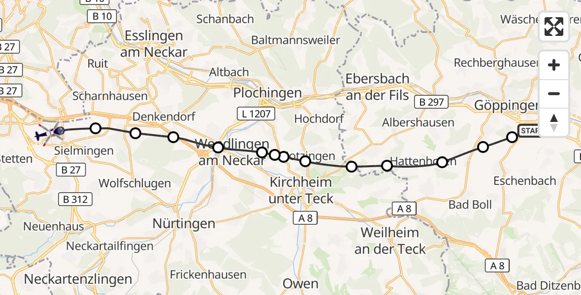 Flugroute Polizeihubschrauber Göppingen - Flughafen Stuttgart, 15 Juni 2026, 16:02