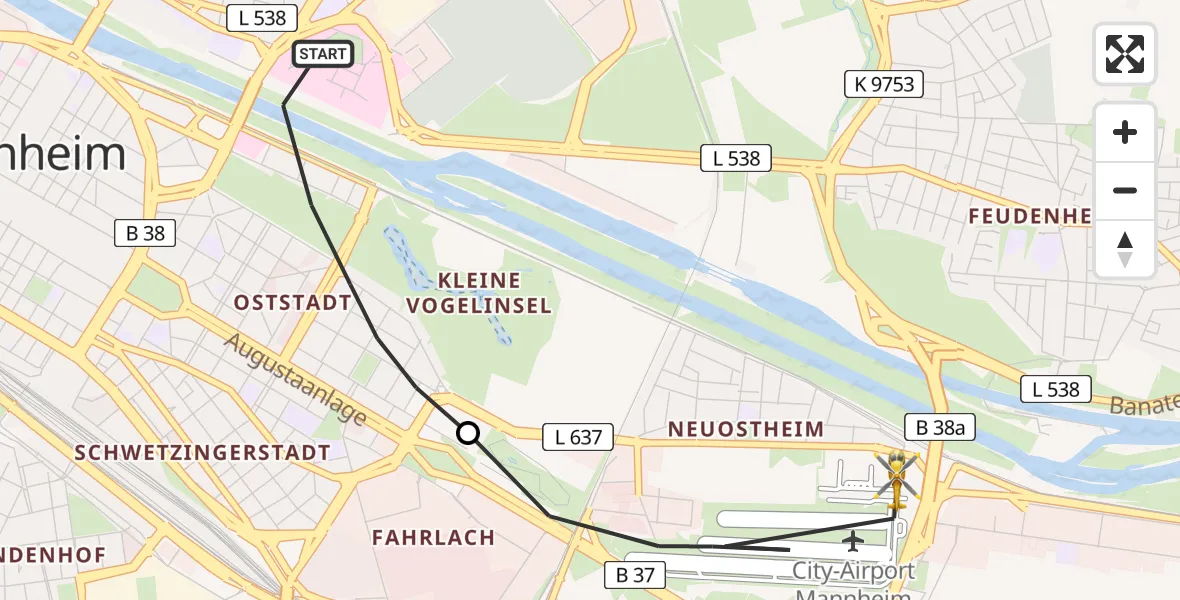 Flugroute Rettungshubschrauber Mannheim - Mannheim-City Flughafen, 15 Juni 2026, 16:07