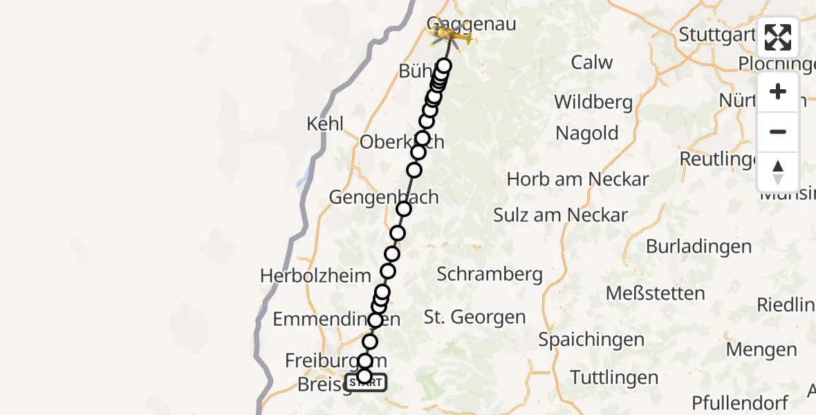 Flugroute Ambulanzhubschrauber Kirchzarten - Baden-Baden, 15 Juni 2026, 16:07