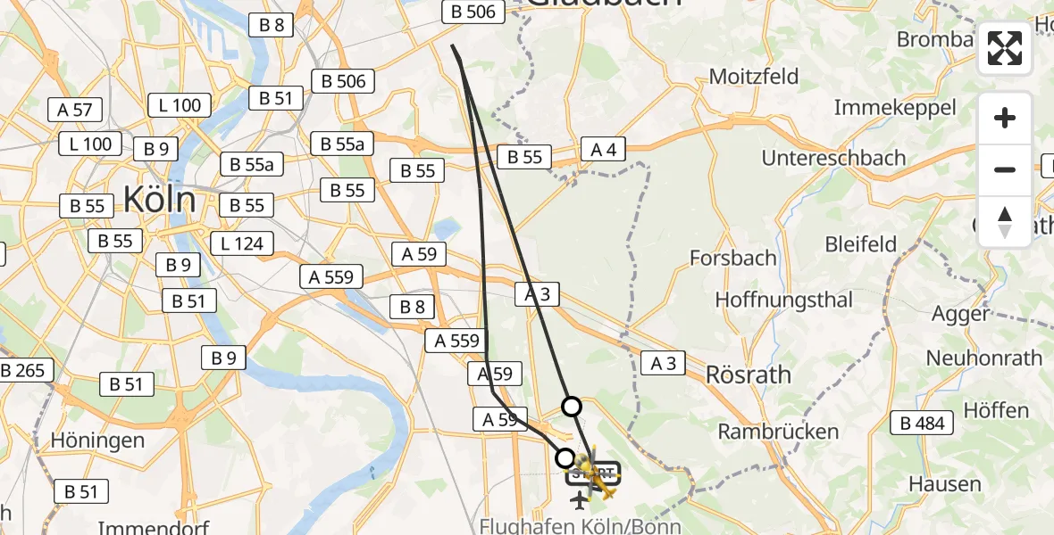 Flugroute Rettungshubschrauber Köln Bonn Flughafen - Köln Bonn Flughafen, 15 Juni 2026, 16:13