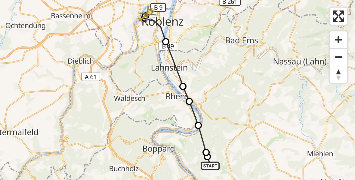 Flugroute Rettungshubschrauber Lykershausen - Katholisches Klinikum Marienhof Koblenz Hubschrauberlandeplatz, 15 Juni 2026, 16:14