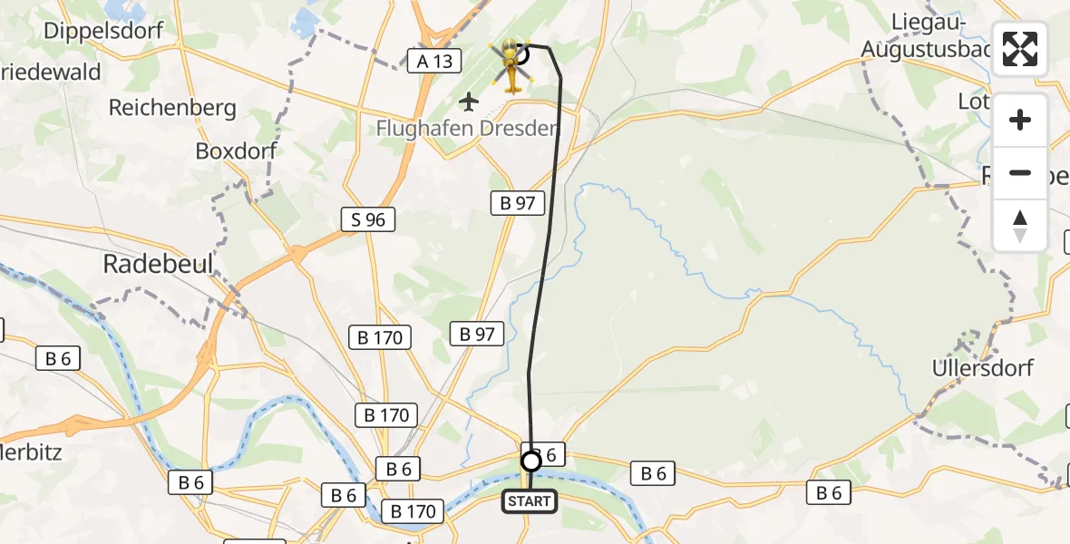Flugroute Rettungshubschrauber Dresden University Hospital - Dresden Bundespolizei Hubschrauberlandeplatz, 15 Juni 2026, 16:24