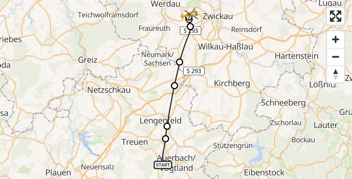 Flugroute Rettungshubschrauber Auerbach/Vogtl. - ADAC Air Rescue Station Zwickau Hubschrauberlandeplatz, 15 Juni 2026, 16:31