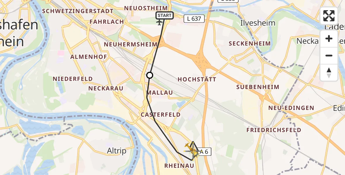 Flugroute Rettungshubschrauber Mannheim-City Flughafen - Mannheim, 15 Juni 2026, 16:33