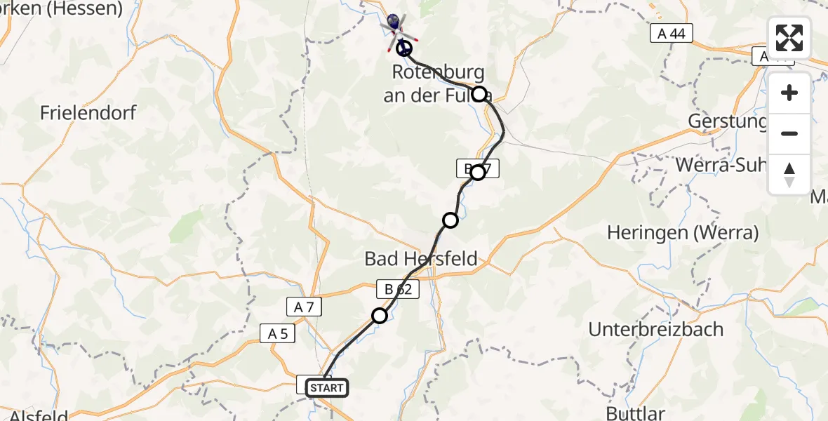 Flugroute Polizeihubschrauber Niederaula - Alheim, 15 Juni 2026, 16:39