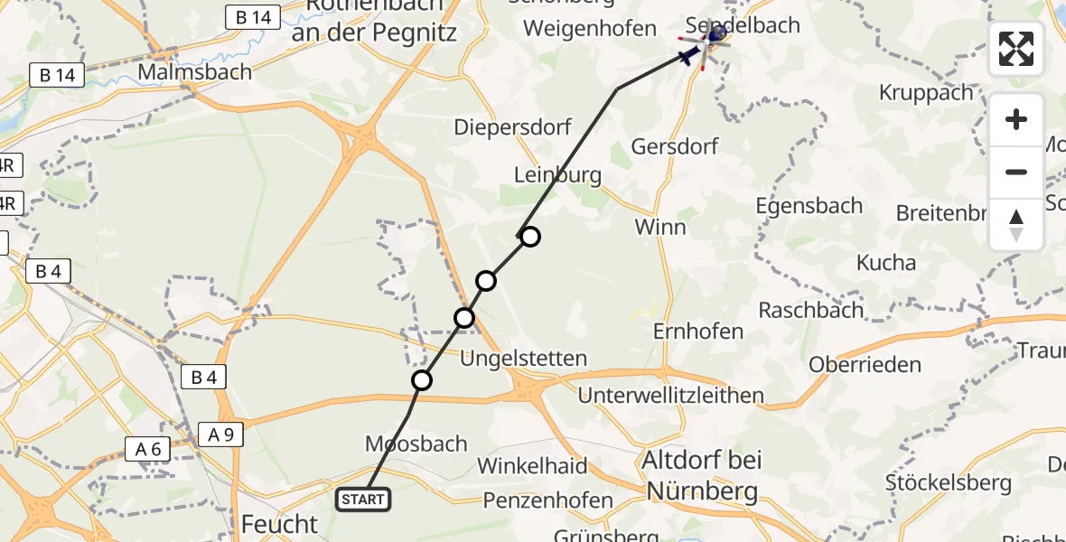 Flugroute Polizeihubschrauber Feuchter Forst - Leinburg, 15 Juni 2026, 16:46