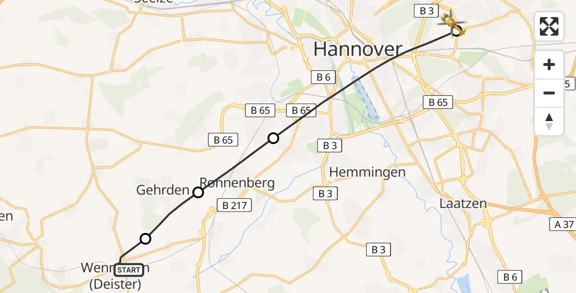 Flugroute Rettungshubschrauber Wennigsen (Deister) - Hannover Luftrettung Hubschrauberlandeplatz (Christoph 4), 15 Juni 2026, 16:46