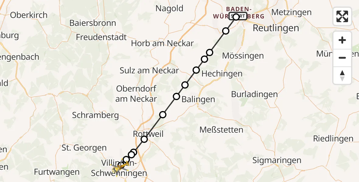 Flugroute Ambulanzhubschrauber Tübingen University Hospital - DRF Air Rescue Station Villingen-Schwenningen Hubschrauberlandeplatz (Christoph 11), 15 Juni 2026, 16:47