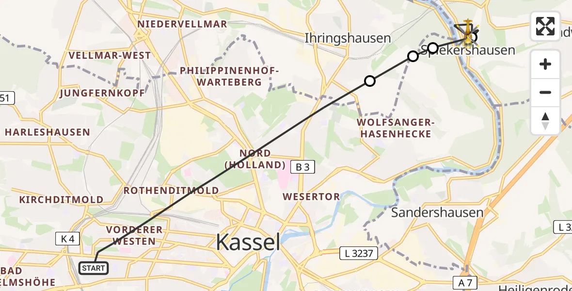 Flugroute Rettungshubschrauber Kassel - Staufenberg, 15 Juni 2026, 16:49