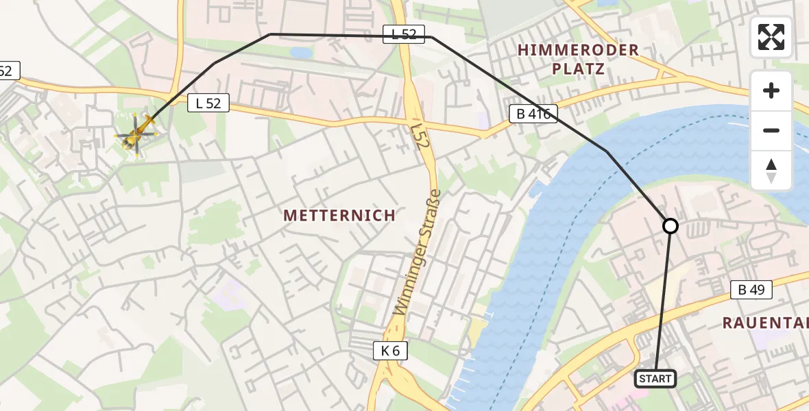 Flugroute Rettungshubschrauber Katholisches Klinikum Marienhof Koblenz Hubschrauberlandeplatz - Koblenz, 15 Juni 2026, 16:50