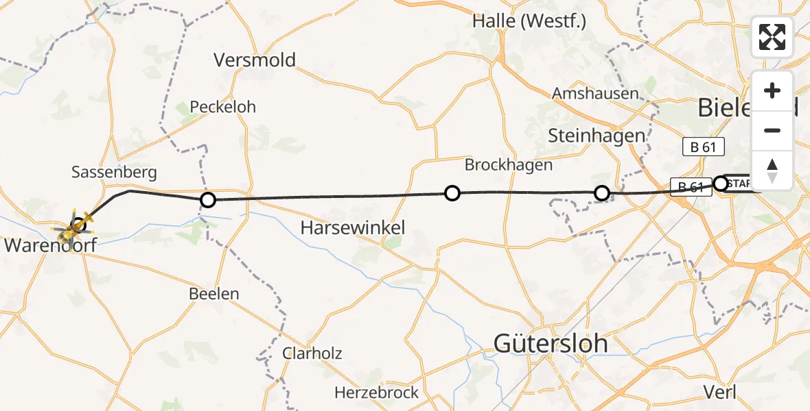 Flugroute Rettungshubschrauber Luftrettungszentrum Bielefeld - Warendorf, 15 Juni 2026, 16:51