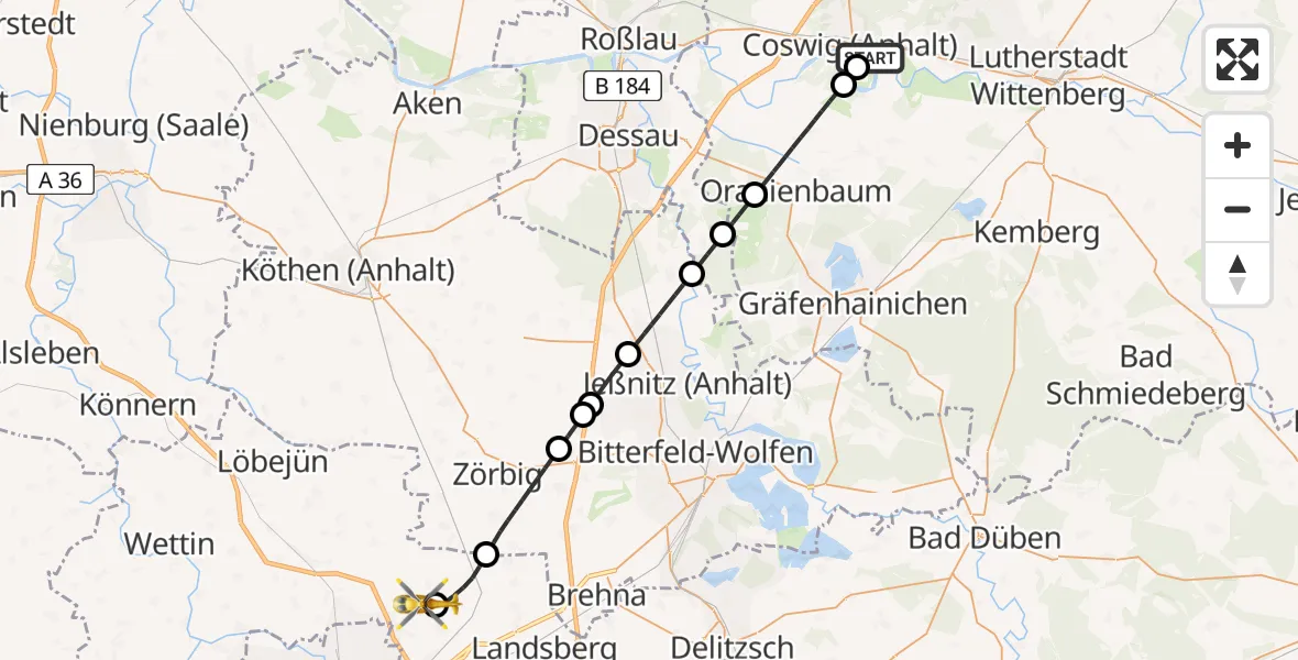 Flugroute Rettungshubschrauber MediClin Heart Center Coswig Hubschrauberlandeplatz - Halle-Oppin Flugplatz, 15 Juni 2026, 16:54
