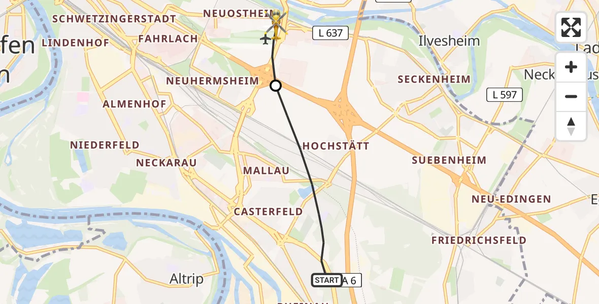 Flugroute Rettungshubschrauber Mannheim - Mannheim-City Flughafen, 15 Juni 2026, 16:54