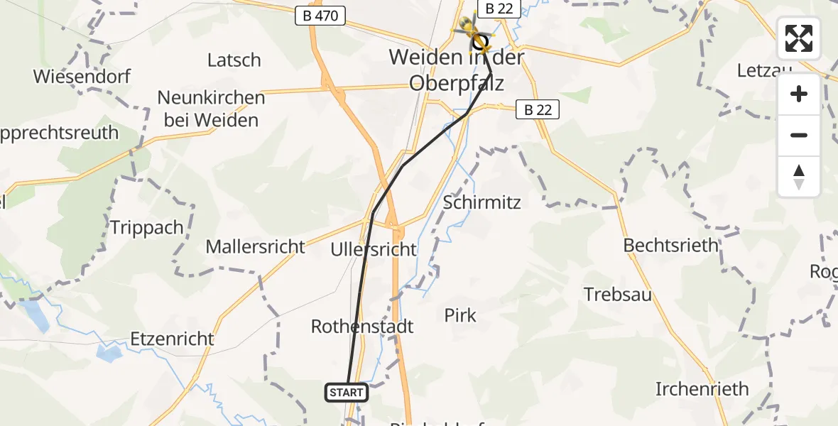Flugroute Rettungshubschrauber Weiden i.d.OPf. - Weiden Hospital, 15 Juni 2026, 16:55