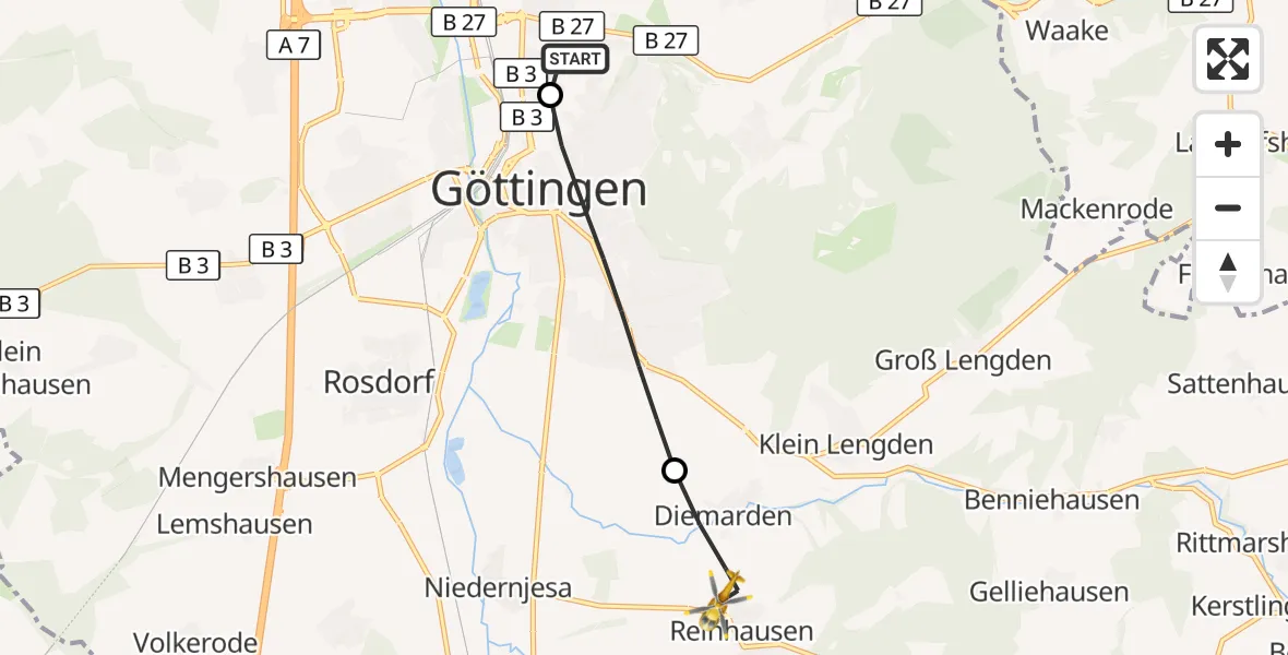 Flugroute Rettungshubschrauber Göttingen University Clinic Hubschrauberlandeplatz - Gleichen, 15 Juni 2026, 17:05