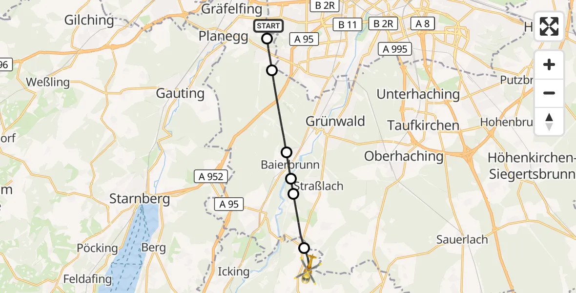 Flugroute Rettungshubschrauber DRF Air Rescue München Hubschrauberlandeplatz - Egling, 15 Juni 2026, 17:14