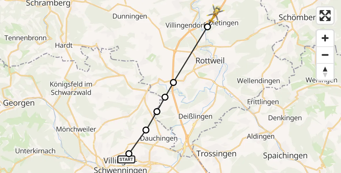 Flugroute Ambulanzhubschrauber DRF Air Rescue Station Villingen-Schwenningen Hubschrauberlandeplatz (Christoph 11) - Dietingen, 15 Juni 2026, 17:23