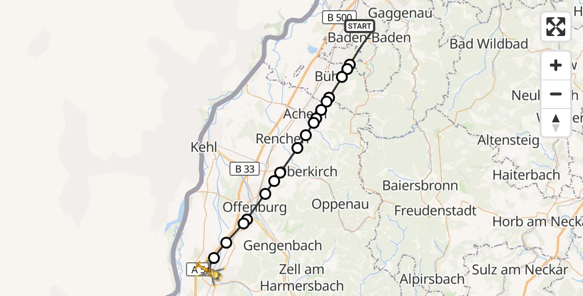 Flugroute Ambulanzhubschrauber Baden-Baden - Lahr Flughafen, 15 Juni 2026, 17:34