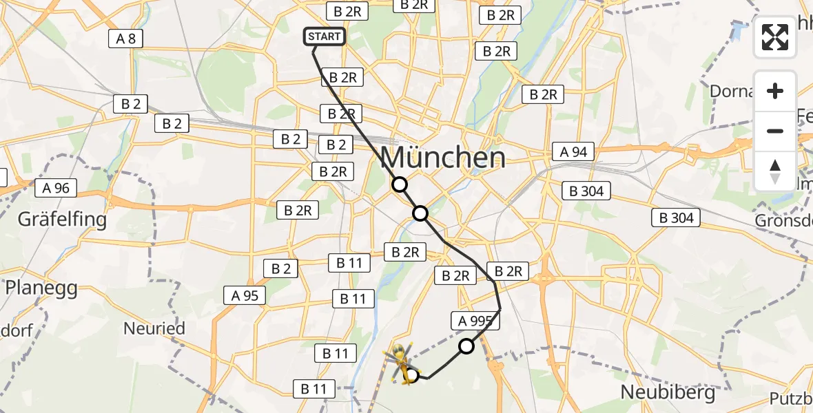 Flugroute Rettungshubschrauber München - ADAC Air Rescue Center Hubschrauberlandeplatz (Christoph 1), 15 Juni 2026, 17:36