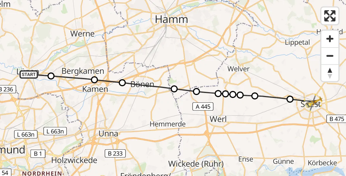 Flugroute Rettungshubschrauber Lünen - Soest, 15 Juni 2026, 17:39
