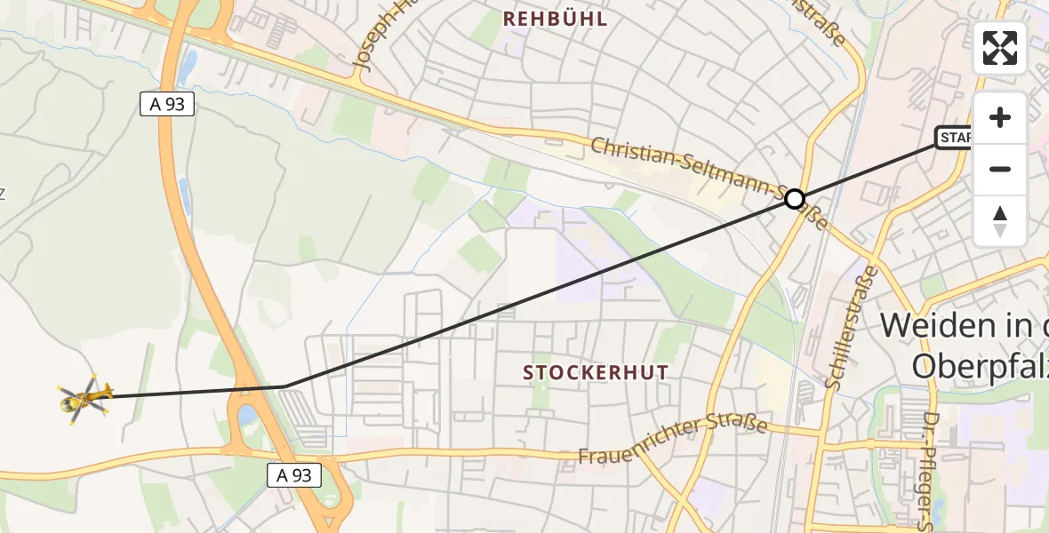 Flugroute Rettungshubschrauber Weiden Hospital - Weiden i.d.OPf., 15 Juni 2026, 17:41