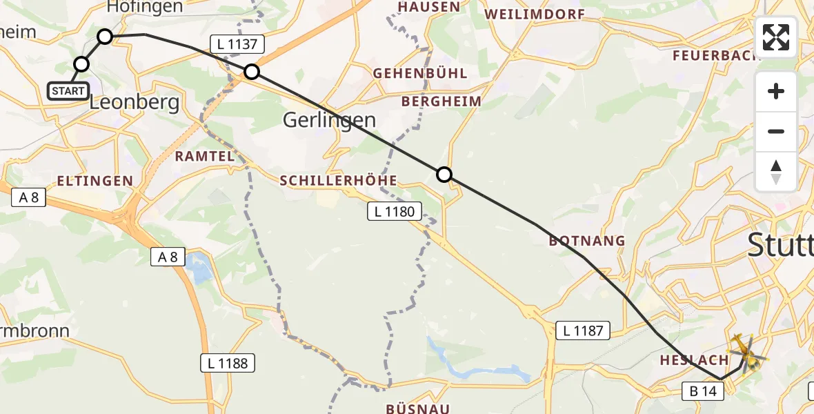 Flugroute Rettungshubschrauber Leonberg Hospital - Stuttgart, 15 Juni 2026, 17:43