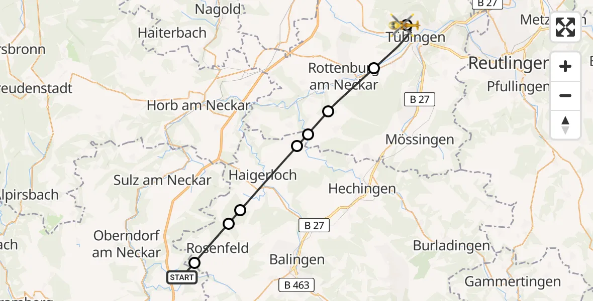 Flugroute Ambulanzhubschrauber Dietingen - Tübingen Trauma Hospital, 15 Juni 2026, 17:53