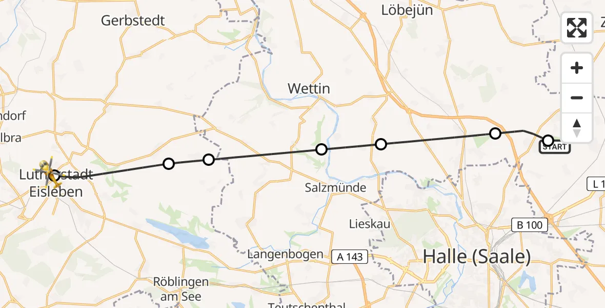 Flugroute Rettungshubschrauber Halle-Oppin Flugplatz - Helios Hospital Lutherstadt Eisleben, 15 Juni 2026, 18:01