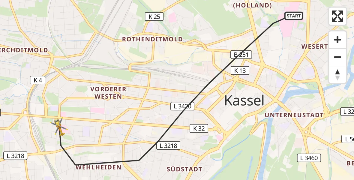 Flugroute Rettungshubschrauber Kassel - Kassel, 15 Juni 2026, 18:02
