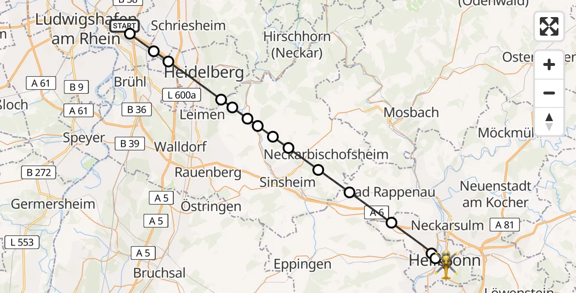 Flugroute Rettungshubschrauber Mannheim-City Flughafen - Heilbronn, 15 Juni 2026, 18:07