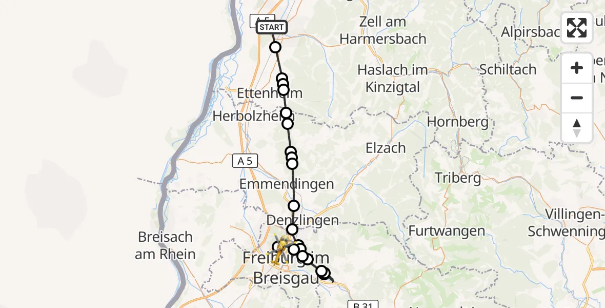 Flugroute Ambulanzhubschrauber Lahr/Schwarzwald - Freiburg im Breisgau Flugplatz, 15 Juni 2026, 18:11