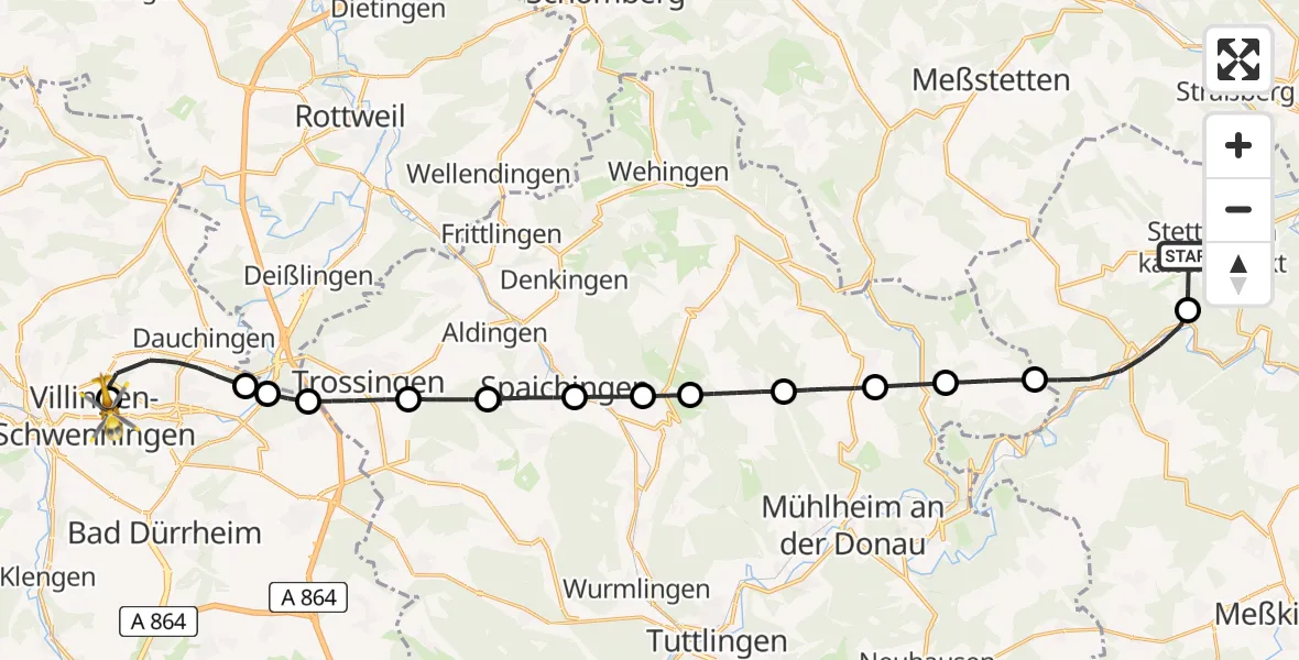 Flugroute Rettungshubschrauber Stetten am kalten Markt - DRF Air Rescue Station Villingen-Schwenningen Hubschrauberlandeplatz (Christoph 11), 15 Juni 2026, 18:11