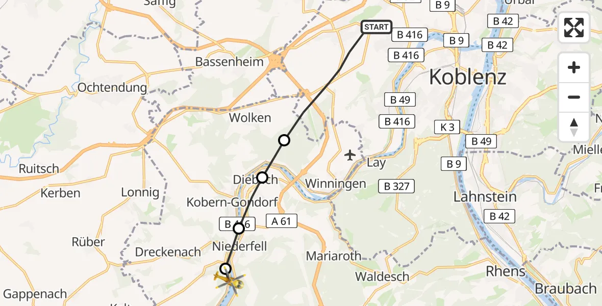 Flugroute Rettungshubschrauber Koblenz - Lehmen, 15 Juni 2026, 18:13