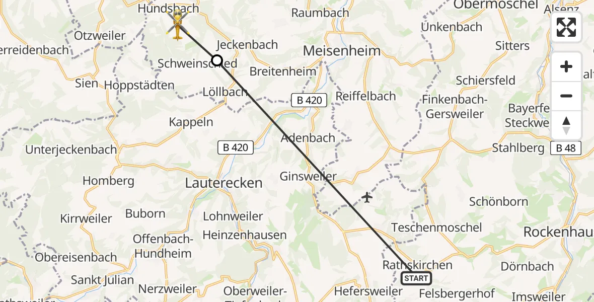 Flugroute Rettungshubschrauber Seelen - Hundsbach, 15 Juni 2026, 18:14