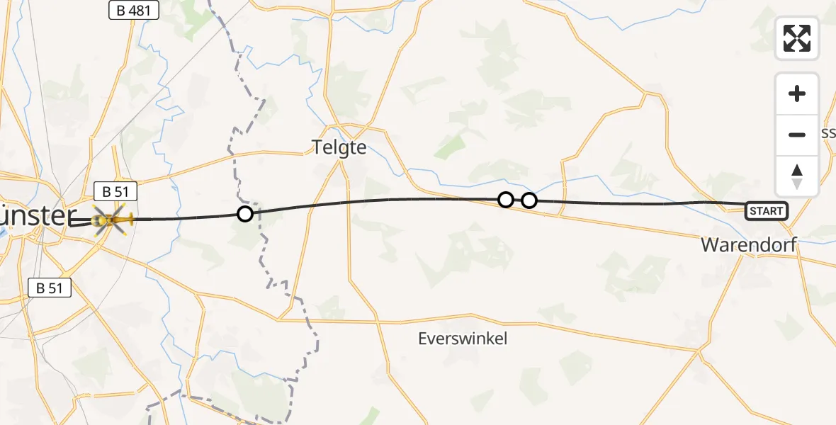 Flugroute Rettungshubschrauber Warendorf - Münster, 15 Juni 2026, 18:15
