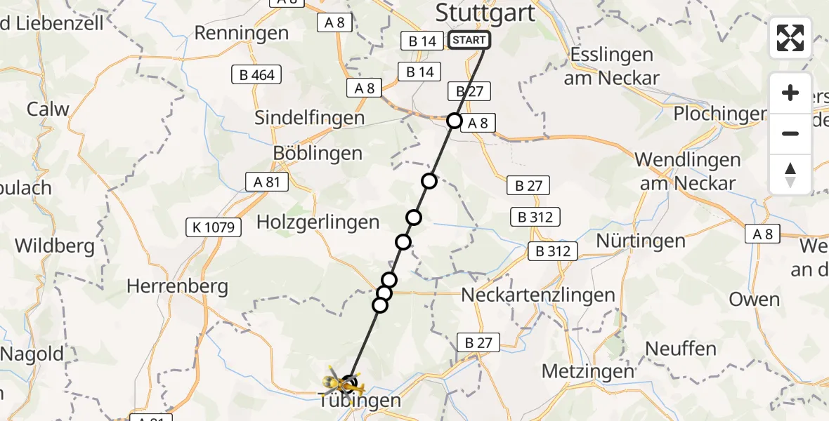 Flugroute Rettungshubschrauber Stuttgart - Tübingen University Hospital, 15 Juni 2026, 18:16
