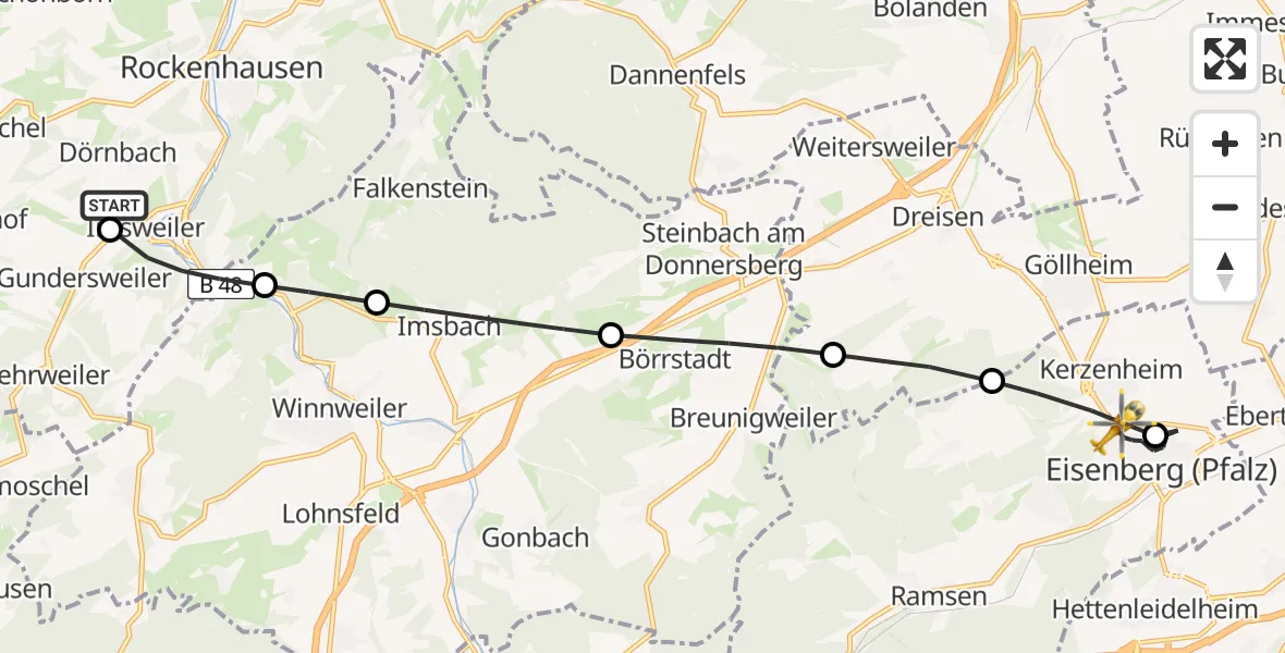Flugroute Rettungshubschrauber Imsweiler UL - Kerzenheim, 15 Juni 2026, 18:17