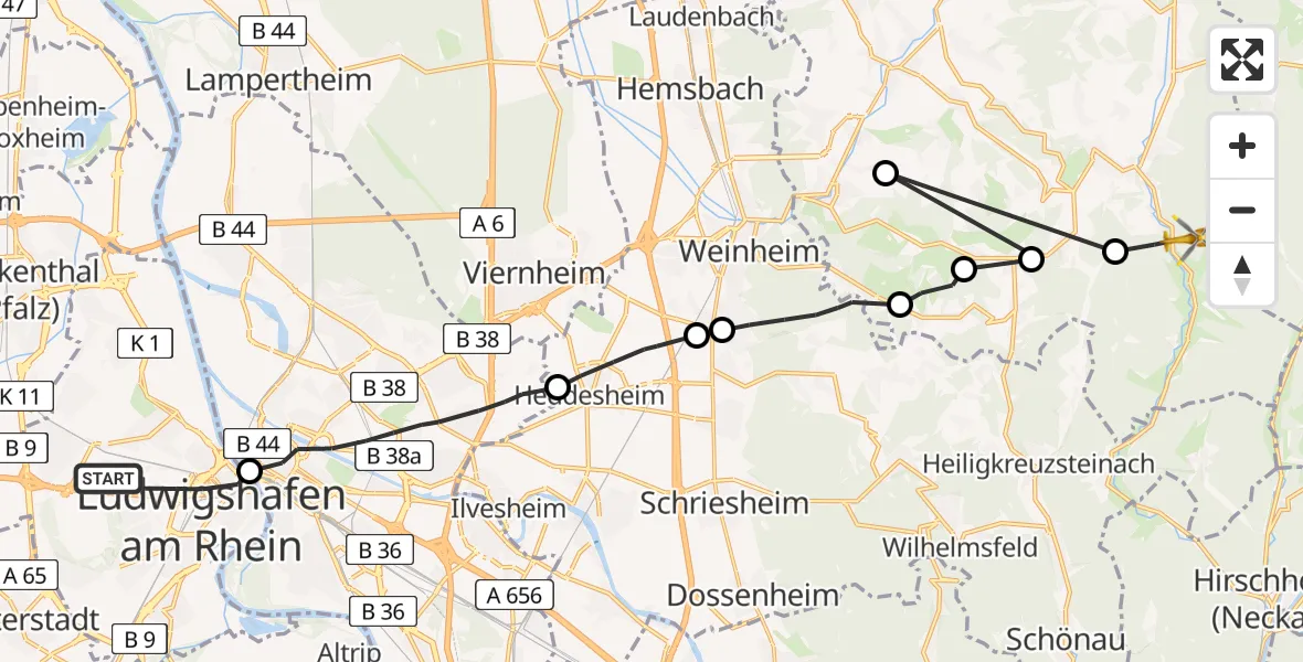 Flugroute Rettungshubschrauber Ludwigshafen am Rhein - Wald-Michelbach, 15 Juni 2026, 18:28