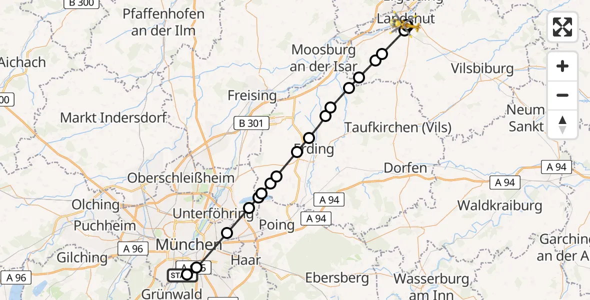 Flugroute Rettungshubschrauber ADAC Air Rescue Center Hubschrauberlandeplatz (Christoph 1) - Lakumed Hospital Landshut-Achdorf, 15 Juni 2026, 18:34