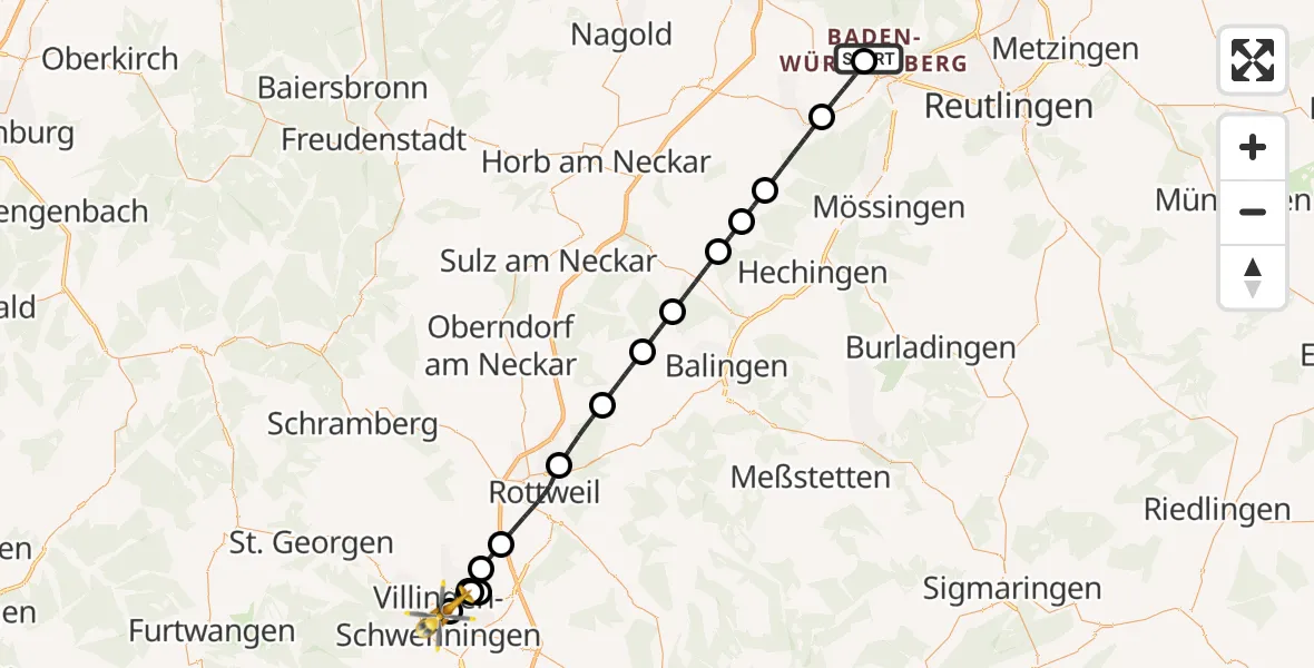 Flugroute Ambulanzhubschrauber Tübingen Trauma Hospital - DRF Air Rescue Station Villingen-Schwenningen Hubschrauberlandeplatz (Christoph 11), 15 Juni 2026, 18:36