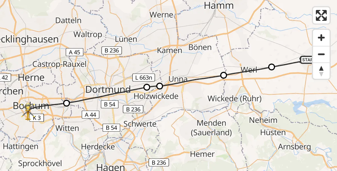 Flugroute Rettungshubschrauber Soest - Bochum, 15 Juni 2026, 18:38