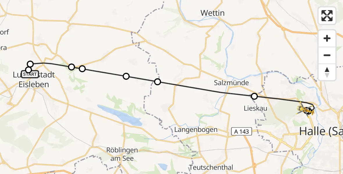 Flugroute Rettungshubschrauber Helios Hospital Lutherstadt Eisleben - Halle (Saale) University Hospital, 15 Juni 2026, 18:38
