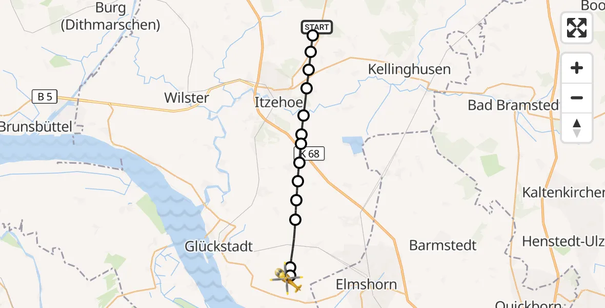 Flugroute Rettungshubschrauber Itzehoe Hungriger Wolf Flugplatz - Kollmar, 15 Juni 2026, 18:45
