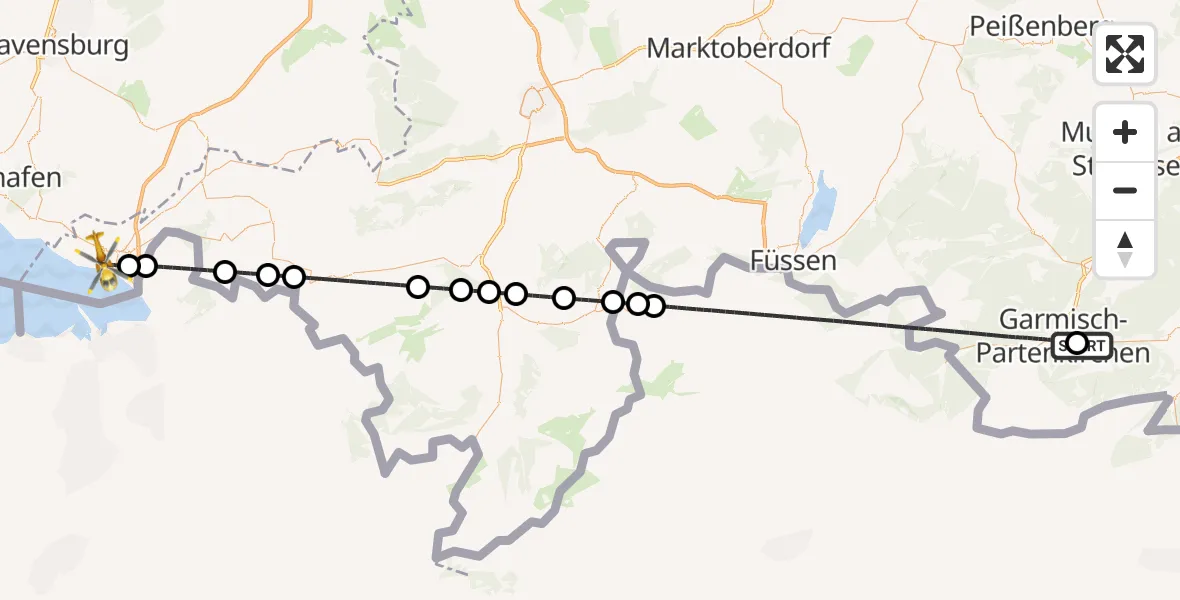 Flugroute Rettungshubschrauber Garmisch-Partenkirchen Clinic Hubschrauberlandeplatz - Lindau (Bodensee), 15 Juni 2026, 18:47