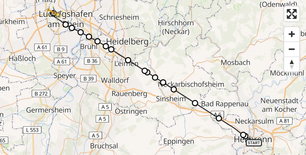 Flugroute Rettungshubschrauber Heilbronn - Ludwigshafen Accident Hospital, 15 Juni 2026, 18:50