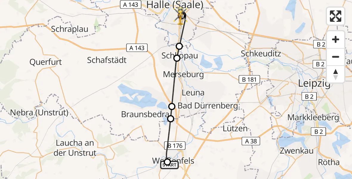 Flugroute Rettungshubschrauber Asklepios Clinic Weißenfels - BG Hospital Bergmannstrost Halle, 15 Juni 2026, 18:52