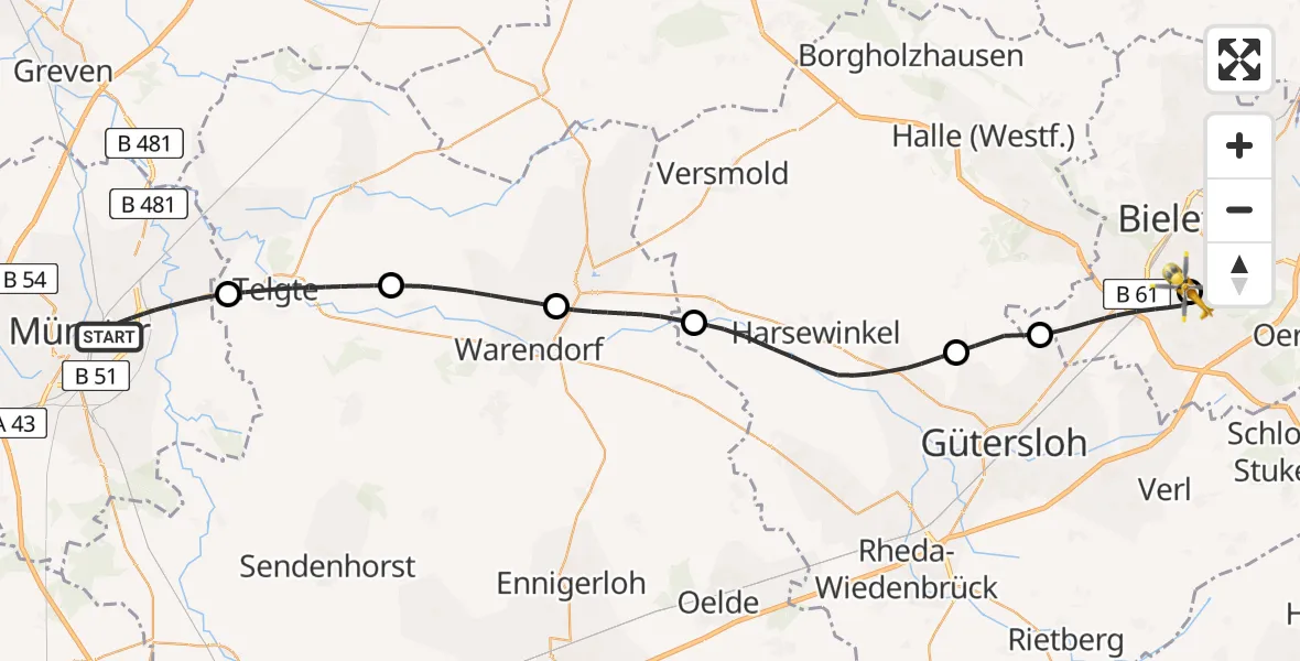 Flugroute Rettungshubschrauber Münster - Luftrettungszentrum Bielefeld, 15 Juni 2026, 18:52